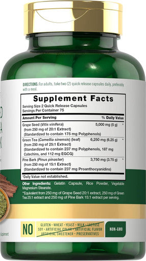 Carlyle Grapeseed Green Tea Pine Bark | 15000mg | 150 Capsules | Non-GMO and Gluten Supplement