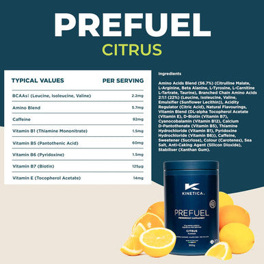 Kinetica PreFuel Pre Workout Supplement 5.7g Amino Acids & 2.2g BCAA's per Serving 30 Servings Citrus 300g