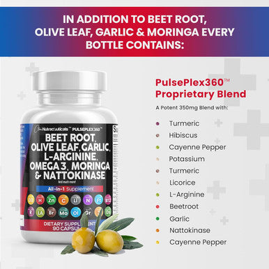 Clean Nutraceuticals Beet Root Capsules 6000Mg Olive Leaf 6000Mg Nattokinase 4000 Fu Garlic Extract 2000Mg L-Arginine 400Mg Omega 3 Red Yeast Rice Hibiscus Danshen - Healthy Support Supplement - 90 Ct