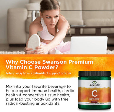 Swanson Vitamin C Powder 100% Pure Ascorbic Acid Immune System Support Skin Health Cardiovascular Health Antioxidant Supplement 1000 mg (per Serving) 1 lb. 454 g