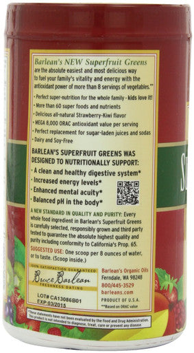 Barlean's Strawberry Kiwi Superfruit Greens Powder Daily Fruits and Veggies Superfood Supplement Green Antioxidant Blend and Fiber Super Power Smoothie Mix 9.52 Oz