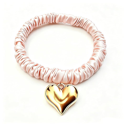 22 Momme 100% Pink Pure Mulberry Silk Hair Ties Silk Scrunchies with Heart-Shaped Pendant for Women