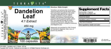 Terravita Dandelion Leaf 4:1 Extract - 450 Mg (100 Capsules, Zin: 520891)