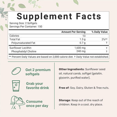 Micro Ingredients Sunflower Lecithin 1600mg Per Serving 300 Softgels | Sustainably Farmed Source Cold Pressed Rich in Phosphatidyl Choline | Lactation Supplement | Soy Non-GMO