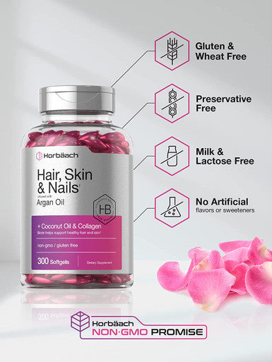 Hair Skin and Nails Vitamins 300 Softgels with Biotin and Collagen Infused with Argan Oil and Coconut Oil Non-GMO Gluten Free Supplement by Horbaach
