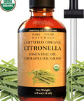 Organic Citronella Essential Oil (4 oz) USDA Certified by Mary Tylor Naturals (100% Pure and Natural) Therapeutic Grade Ideal for Aromatherapy, Relaxation, DIY Skin Care and More