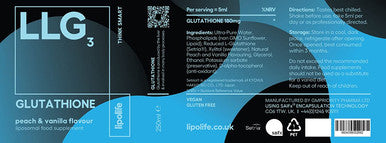 LLG3 liposomal Glutathione 240ml lipolife. Formulated with Setria Glutathione New Peach Vanilla Flavour.