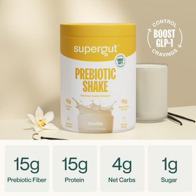 Supergut GLP-1 Boosting Prebiotic Shakes Vanilla ÃƒÂ¢Ã¢â€šÂ¬Ã¢â‚¬Å“ Gut Healthy Meal Replacement with 15g Fiber 15g Protein & 5g Net Carbs - Keto Friendly - 8 Servings