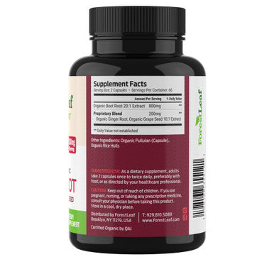 ForestLeaf Organic Beet Root Capsules - with Ginger & Grape Seed 16000mg Strength 20:1 Extract, Supports Nitric Oxide Production, Beets Supplements with Organic Non-GMO Beetroot Powder 120 Veggie Caps