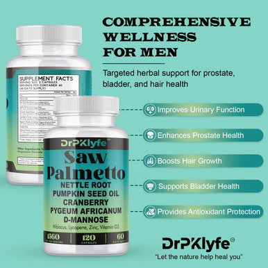 Board Certified Internist Recommended, 30 Yrs Exp. : Saw Palmetto, Nettle Root, Pumpkin Seed Oil, Cranberry, Pygeum Africanum,D-Mannose, Hibiscus,Lycopne: 1560 Mg:Bladder, Prostate & Hair Health.