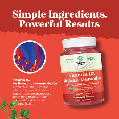 Natures Craft Organic Vitamin D Gummies for Adults - Daily Immune Support Gummies with Vegan Vitamin D3 2000IU - USDA Organic Vitamin D3 Gummies for Adults Wellness - Non GMO Gluten - 1 Month Supply