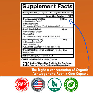 Ashwagan Organic 6005mg, Organic Rhodiola Rosea, Organic Holy Basil Tulsi, Organic Black Extract, Relief, Mood Enhancer, Relaxation, Focus, Thyroid Support, 90 Veggie Capsules