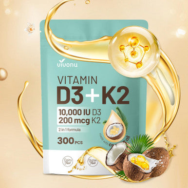 VivoNu Vitamin D3 K2 10000 IU with MK7-300 Virgin Coconut Oil Softgels, 2 in 1 Vitamins D and K Complex Vitamina D3 con K2 Supports Calcium Absorption Bone Immune and Heart Health Easy to Swallow