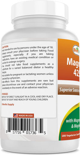 Best Naturals Magnesium 425 mg 180 Veggie Capsules - High Absorption Magnesium Glycinate & Magnesium Oxide Chelated Non-GMO Gluten Muscle Relax (180 Count (Pack of 1))