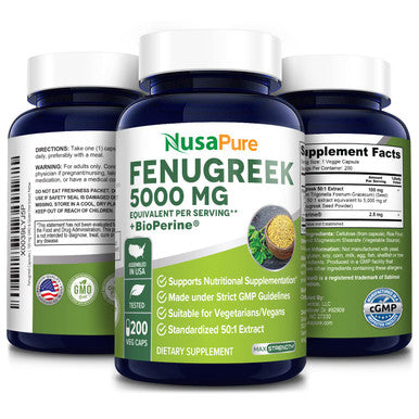 NusaPure Fenugreek Capsules | 5000mg | 200 Veggie Caps | Non-GMO & Extract