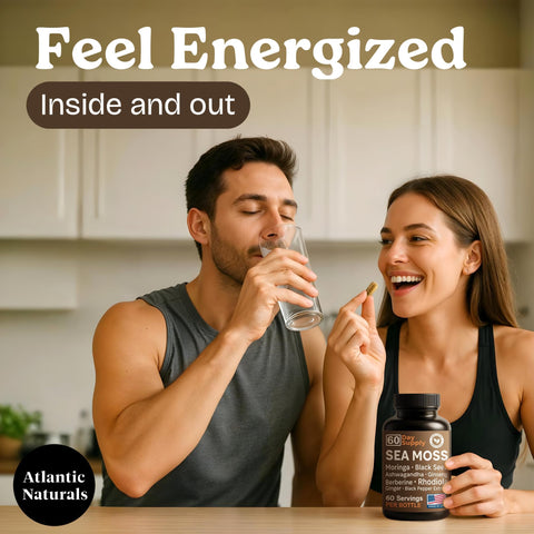 Atlantic Naturals Sea Moss Capsules Irish Sea Moss with Black Seed Oil Ashwagandha Moringa Ginseng and Ginger for Energy Vitality and Wellness Nutritional Supplement Made in USA 60 Capsules