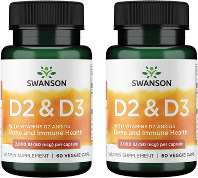 Swanson Vitamin D Complex with Vitamins D2 & D3 - Complete Sunshine Vitamin Complex for Bone Dental & Immune Health - Vitamin Supplement ( 50 mcg 60 Veggie Capsules ) 2 Pack