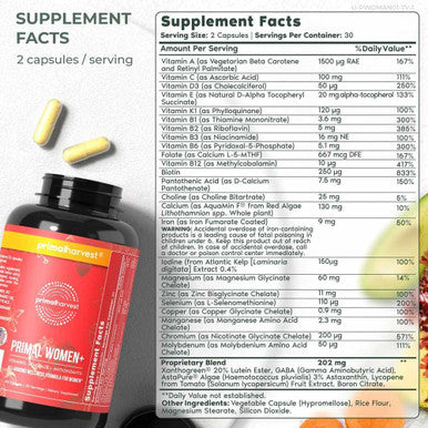 Primal Harvest Multivitamin For Women Vitamin A, Vitamin C, Vitamin D And E, Vitamin B12, B6, Biotin, Zinc Supplements, 30 Capsules (Womens 1 Pack)