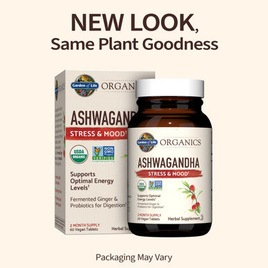 Garden of Life Organics Ashwagandha Stress Mood & Energy Support Supplement With Probiotics & Ginger Root For Digestion - Vegan Gluten Free Non Gmo 2 Month Supply 60 Tablets