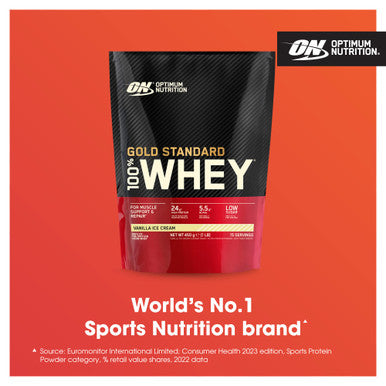 Optimum Nutrition Gold Standard 100% Whey Muscle Building And Recovery Protein Powder With Naturally Occurring Glutamine And Bcaa Amino Acids Vanilla Ice Cream Flavour 15 Servings 450 G