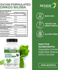 Renew Actives Ginkgo Biloba Brain Supplement With Red Panax Ginseng Extract, 50:1 Ratio For Max Performance - Supports Cognitive Function & Memory - 60 Capsules