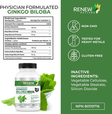 Renew Actives Ginkgo Biloba Brain Supplement With Red Panax Ginseng Extract, 50:1 Ratio For Max Performance - Supports Cognitive Function & Memory - 60 Capsules