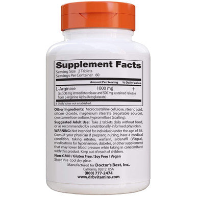 Doctor's Best Sustained Plus Immediate Release L Arginine Non GMO Vegan Gluten Free Soy Free 500 mg 120 Bilayer Tablets
