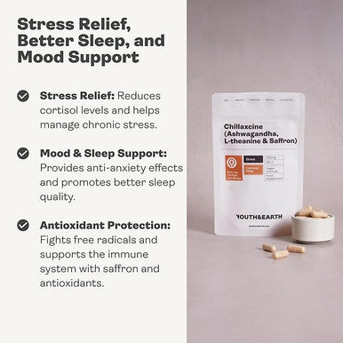 Youth & Earth CHILLAXCINE Supplement - 335mg Ashwagandha High Strength, L theanine & Saffron Supplement for Anxiety Relief, Better Sleep & Chronic Stress Support | 60 Capsules
