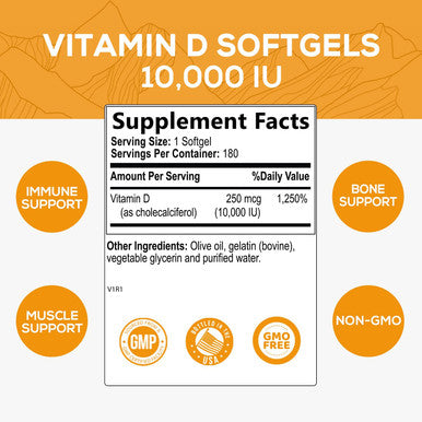 Vitamin D3 10000 IU (250 mcg), High Potency Vitamin D for Immune Support - Bone, Teeth and Muscle Support, Premium D Vitamin in Cold-Pressed Olive Oil, by Nature's Supplement - 180 Softgels