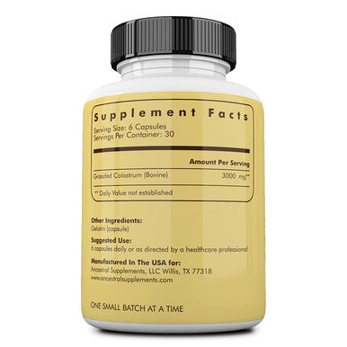 Ancestral Supplements Grass Fed Colostrum Supports Immune, Gut, Growth and Repair (180 Capsules)