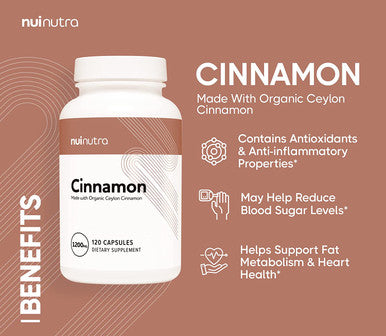 Nui Nutra Organic Ceylon Cinnamon Supplement | 1200mg | 120 Capsules | Cardiovascular Support | Joint & Immune System Support | Gluten Free and Non GMO