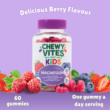 Chewy Vites Kids Magnesium 2 Months Supply 60 Kids Vitamins Gummies 500mg Magnesium Citrate Providing 56mg per Gummy Real Fruit Juice Age 3 + Berries Flavour