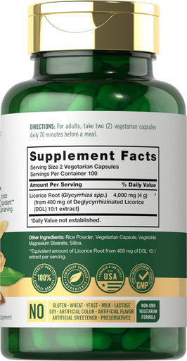 Carlyle DGL Deglycyrrhizinated Licorice Capsules | 200 Count | 4000mg | Vegetarian Non-GMO & Gluten Supplement