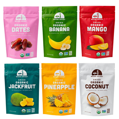 Mavuno Harvest Organic Dried Fruit Variety Pack | Dried Mango, Papaya, Pineapple, Banana, Jackfruit, & Tropical Mix | Healthy, Vegan, No Sugar Added, Non GMO Snacks for Kids & Adults | 2 Ounce, 6 Pack
