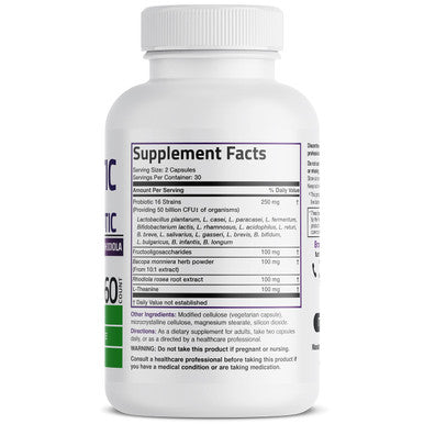 Bronson Brain + Mood Probiotic 50 Billion Cfu Plus Prebiotic With L-Theanine, Bacopa And Rhodiola Non-Gmo, 60 Vegetarian Capsules