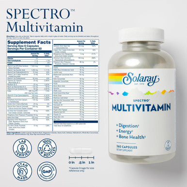 Solaray Spectro Multivitamin With Iron - Multi Vitamin With Calcium, Magnesium, Energizing Greens, Herbs & Digestive Enzymes - Digestion, Energy, And Bone Health Support (60 Servings, 360 Capsules)