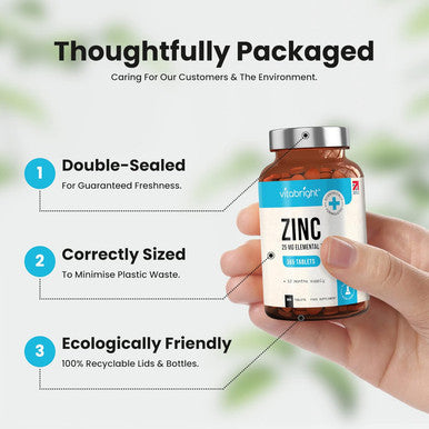 Vitabright Zinc Supplements for Men & Women 25mg (Or Zinc 50mg from 2 Zinc Tablets) 365 Zinc Tablets High Strength Zinc Gluconate Chelated Zinc/Organic Zinc Supplement (Tablets Not Capsules/Liquid) VitaBright