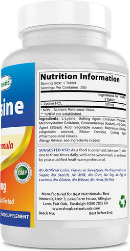 Best Naturals L-Lysine 500 mg 250 Tablets