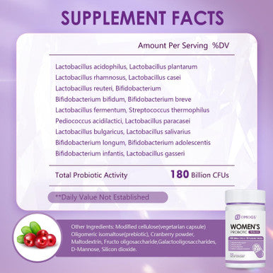 OMOGS Women's Probiotic 180 Billion CFUs 18 Strains, with Organic Prebiotics Cranberry Extract D Mannose and Digestive Enzymes for Digestive Boost Immune PH Balance and Urethral Health 90 Capsules