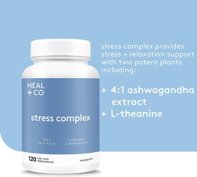 HEAL + CO. Stress Complex | Ashwagandha + L-Theanine | Stress + Relaxation Support | 120 Capsules