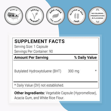 Supersmart BHT 300 mg Per Day Butylated Hydroxytoluene Powerful Antioxidant Immune Support Anti Aging Supplement NonGMO Gluten Free 90 Vegetarian Capsules
