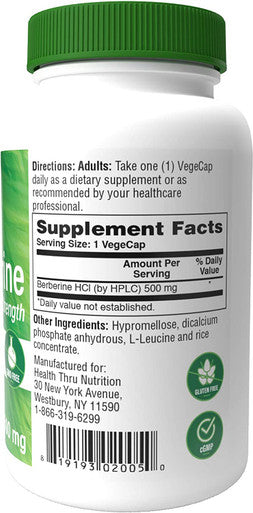 Health Thru Nutrition Berberine HCL 500Mg VegeCapsules NonGMO 120 Count
