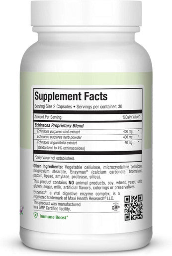 Maxi Health Echinacea - 4% Echinacosides Standardized Extract - Immune Boost - 60 Capsules - Kosher (QECH)