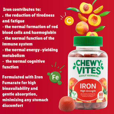 Chewy Vites Adult High Strength Iron 60 Vitamin Gummies 14mg Ferrous Fumerate Iron Gummies with Vitamin C 2 Months Supply Real Fruit Juice Vegan Peach Flavour