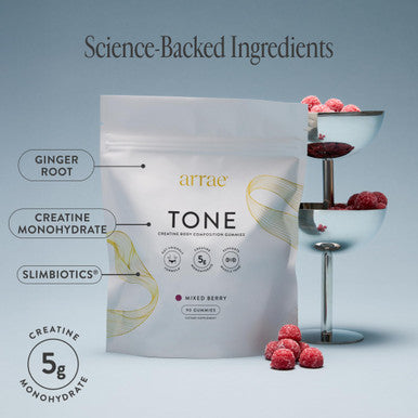 Arrae Tone Gummies Creatine Monohydrate 5g for Women Support Lean Muscle Strength & Recovery Hormone-Friendly Muscle Toning Supplement Mixed Berry Flavor 90 Count