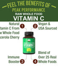 Peak Performance Raw Whole Food Natural Vitamin C Capsules From Acerola Cherry For Max Absorption. Vegan Usa Sourced Vitamin C