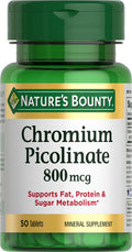 Nature's Bounty Chromium Picolinate Supports Fat Protein & Sugar Metabolism Mineral Supplement 800 Mcg 50 Tablets