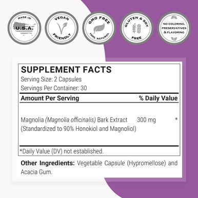 Supersmart Magnolia Bark Extract 300 mg Per Day Powerful Antioxidant Stress Relief Emotional Boost NonGMO Gluten Free 60 Vegetarian Capsules