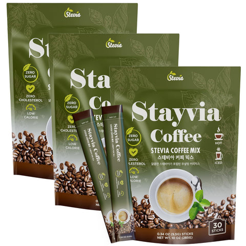 STAYVIA COFFEE Stevia Instant Coffee Packets Korean Instant Latte with SugarFree & Low Calories 30 Sticks (0.33oz) PlantBased Sweetener Enjoy Caffeine Hot & Cold at Office Home & Travel