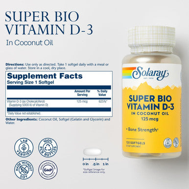 Solaray Super Bio Vitamin D3 In Coconut Oil - D3 Vitamin 5000 Iu - Bone Health And Immune Support Supplement - Lab Verified, Made Wtihout Soy, 60-Day - 120 Softgels, 120 Servings